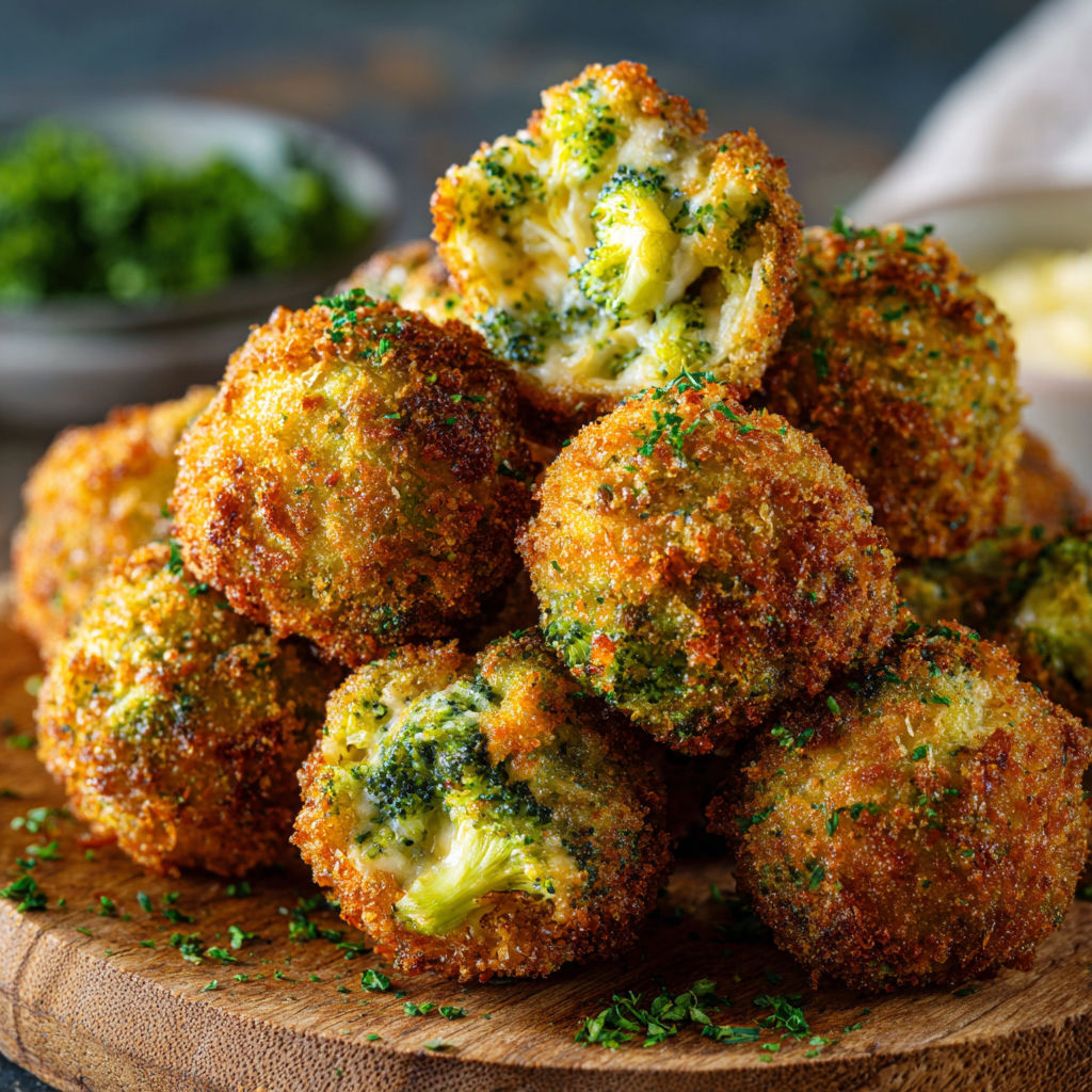 A plate of broccoli cake balls with a bowl of green vegetables in the background.