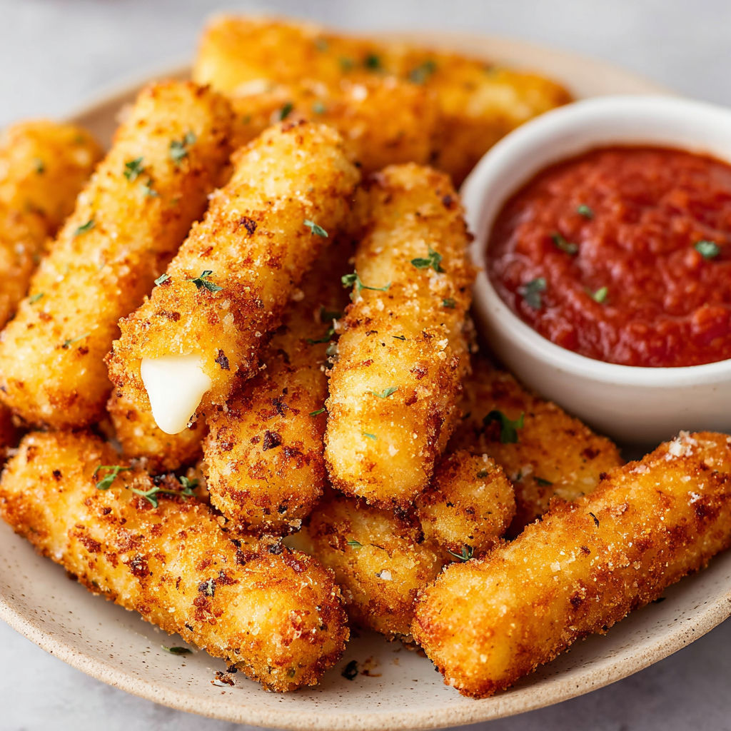 A plate of homemade mozzarella sticks with a bowl of marinara sauce.
