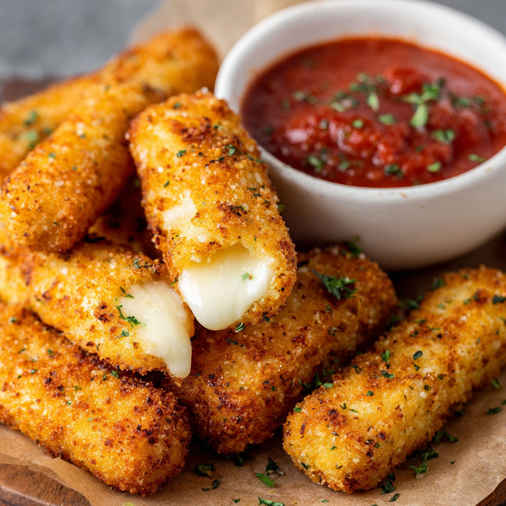 A plate of mozzarella sticks with marinara sauce.