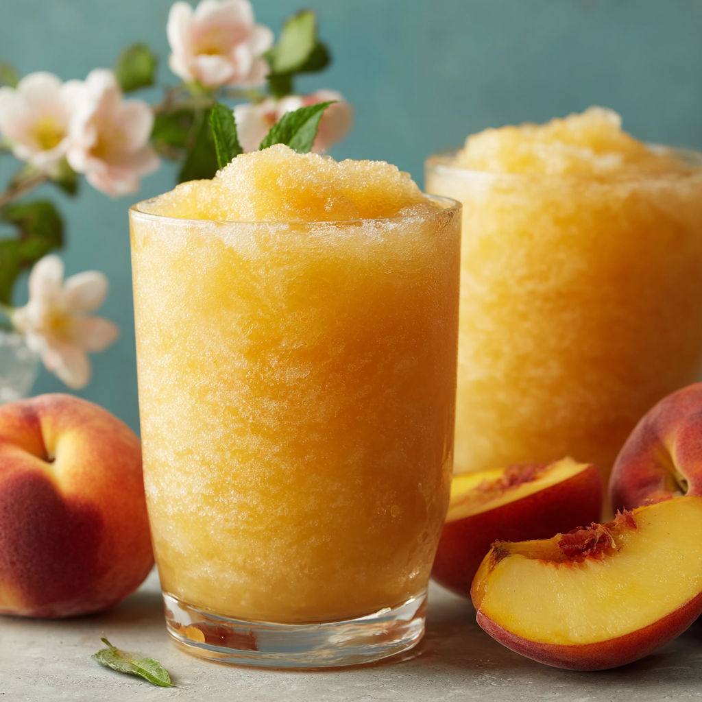 A glass of Peach Lemonade Slush is served in a clear glass.