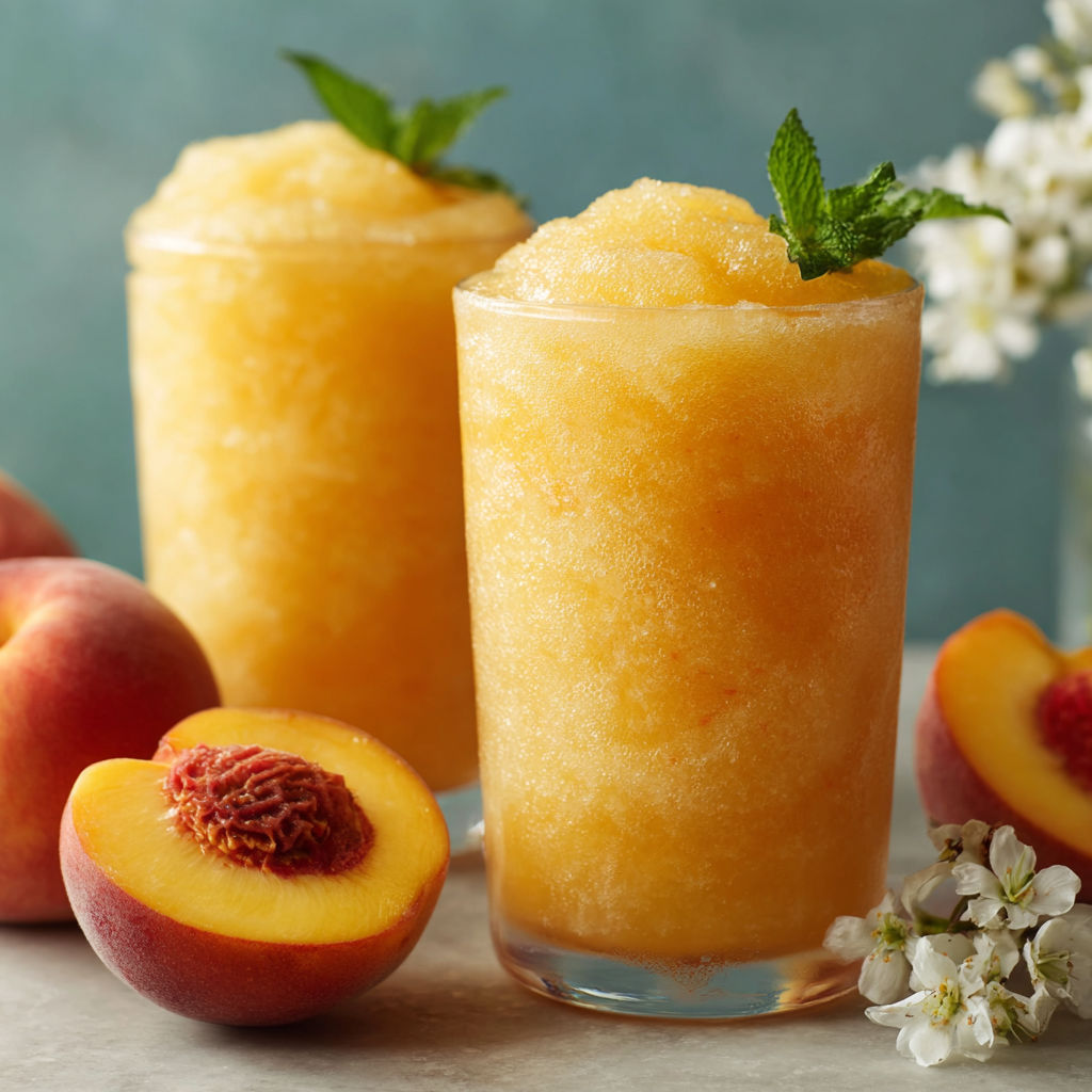 A glass of peach iced tea with a peach slice on the side.