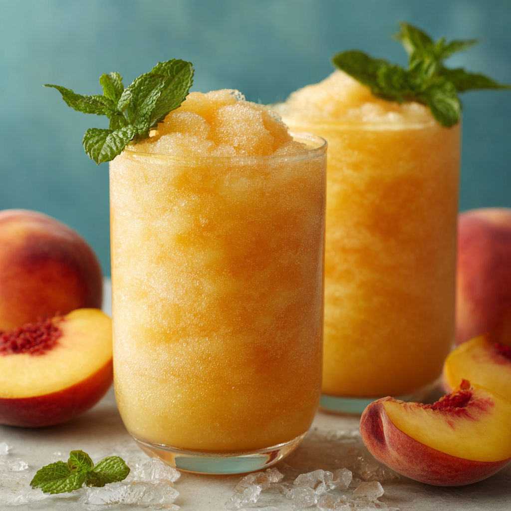A glass of peach slush with mint garnish and a peach slice.