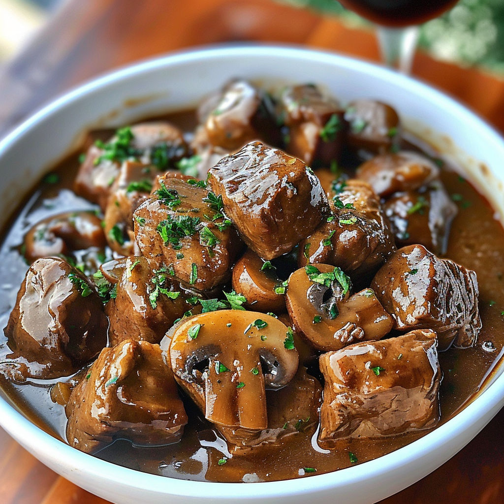 A bowl of beef stew with mushrooms and herbs, served with a glass of wine.