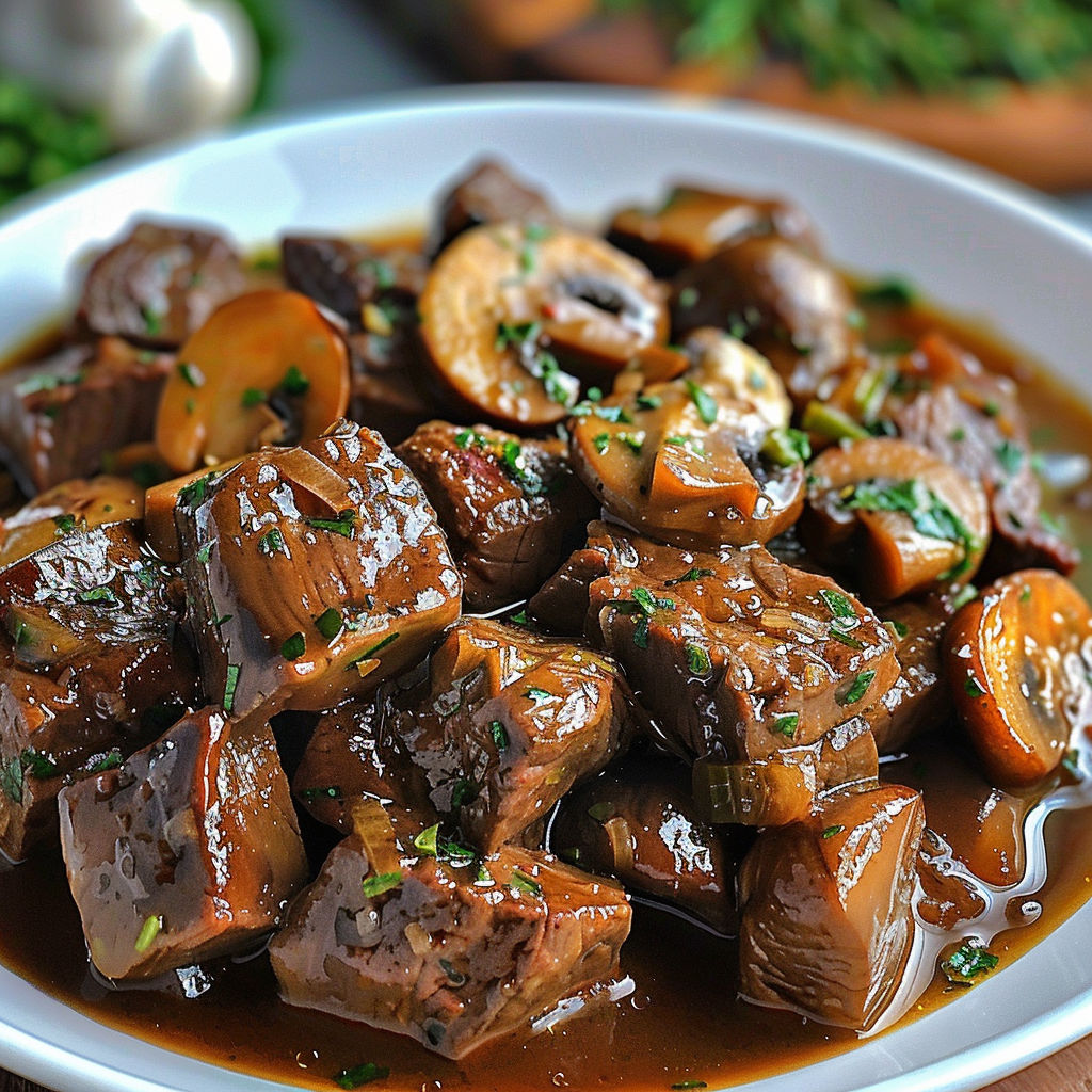 A white bowl filled with beef and mushrooms in a brown sauce.