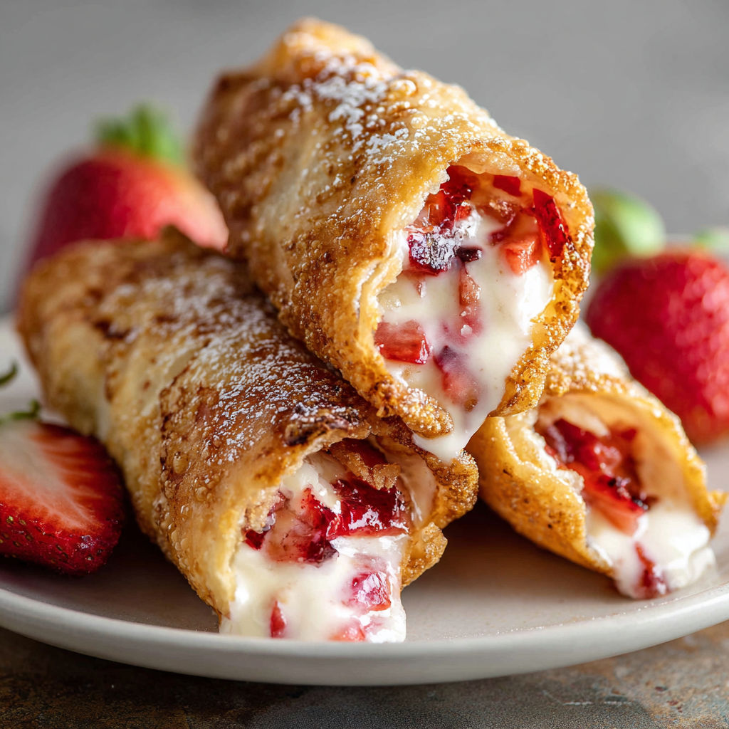 A plate of Strawberry Cheesecake Egg Rolls is displayed, with the pastry rolls filled with a creamy cheesecake filling and topped with fresh strawberries.