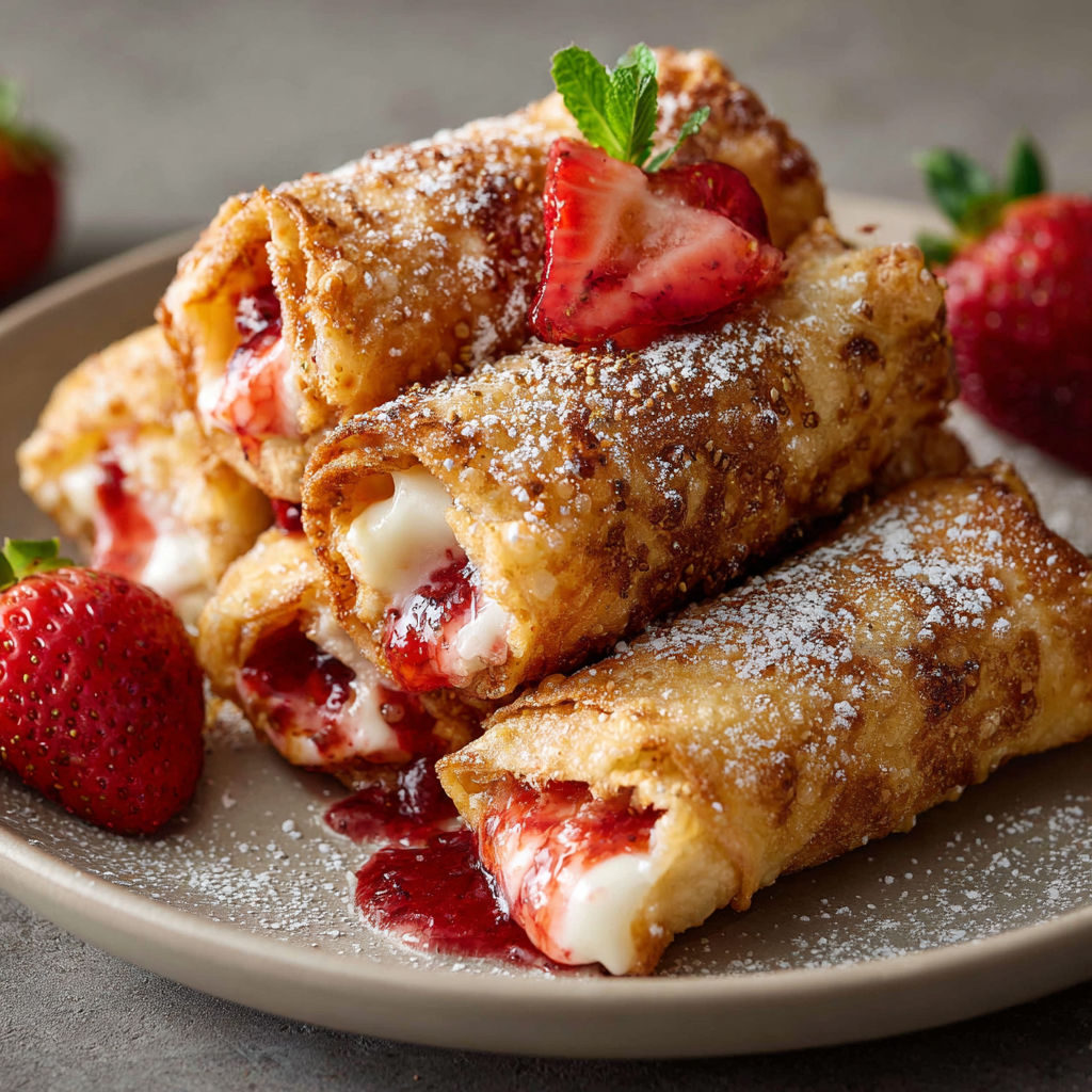 A plate of crepes with strawberries and whipped cream.