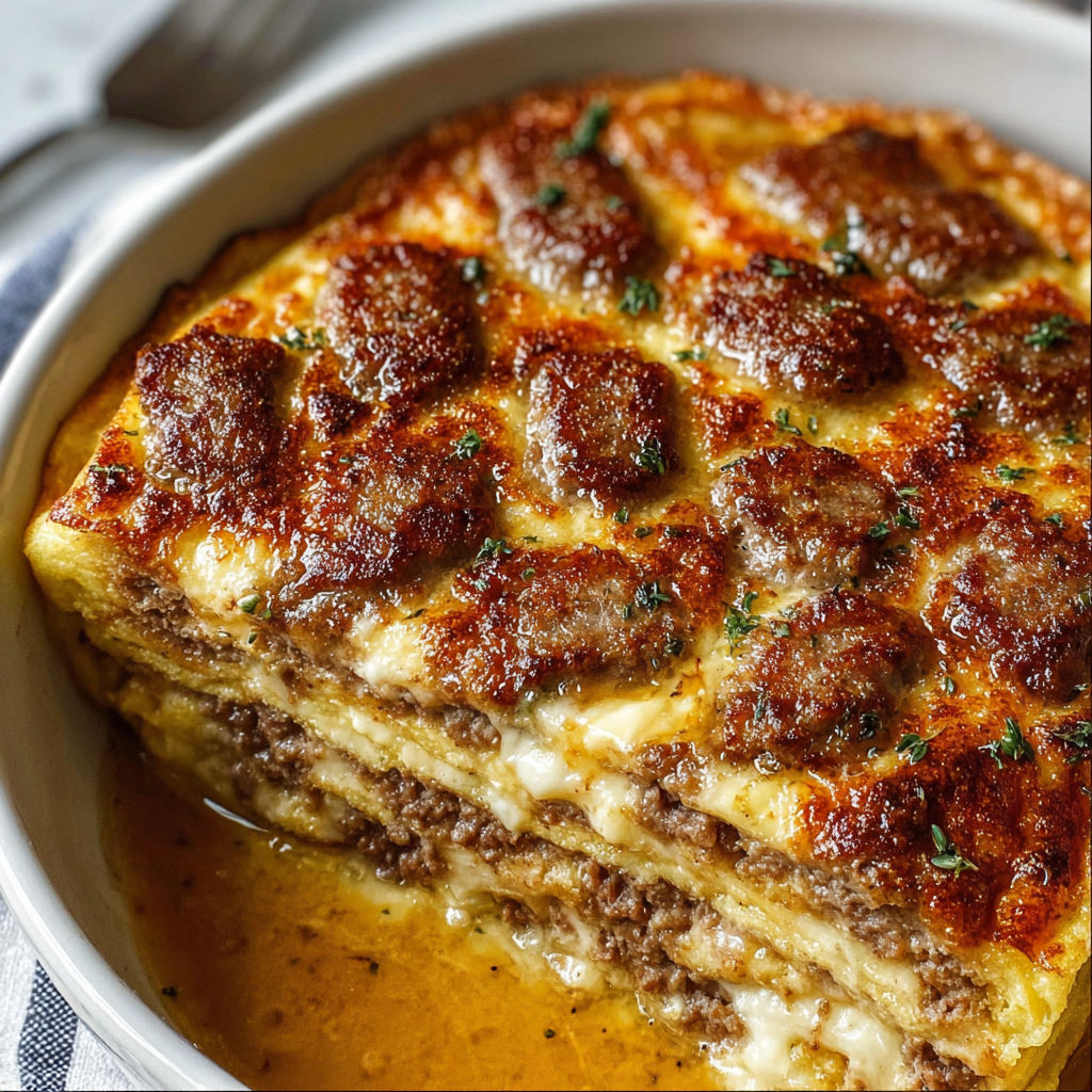 A delicious Pancake Sausage Breakfast Bake is served in a white bowl.