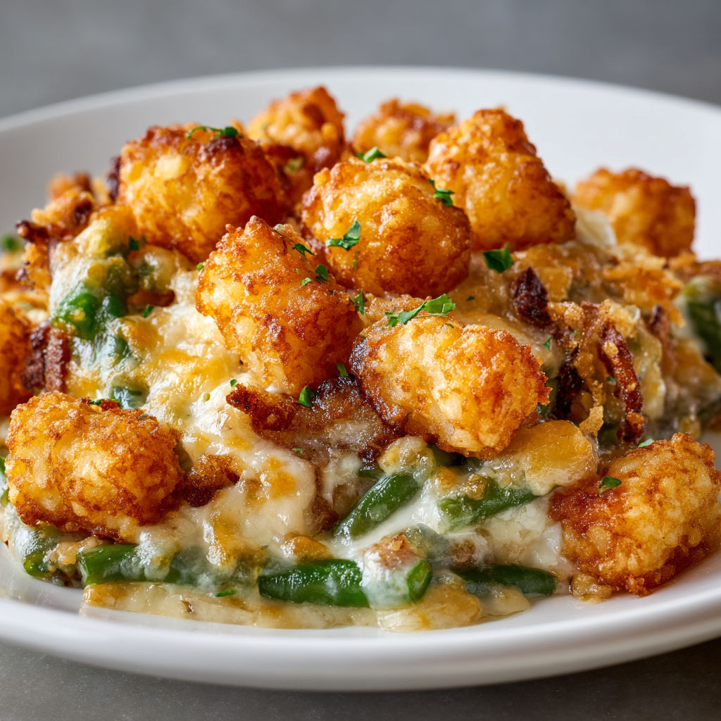 A plate of food with a variety of ingredients, including cheese, green beans, and onions, is presented on a dining table.