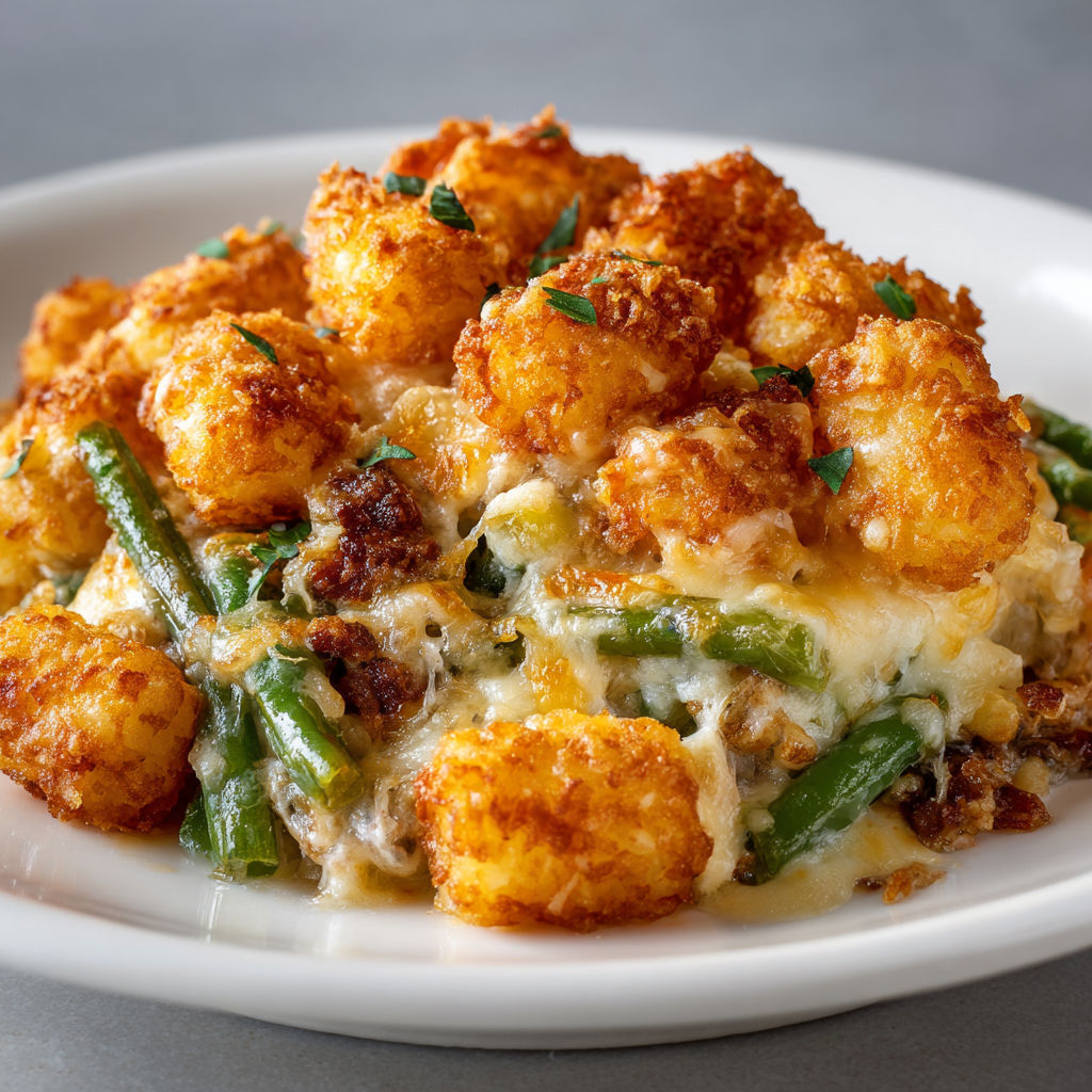 A plate of food with a variety of ingredients, including cheese, green beans, and potatoes.