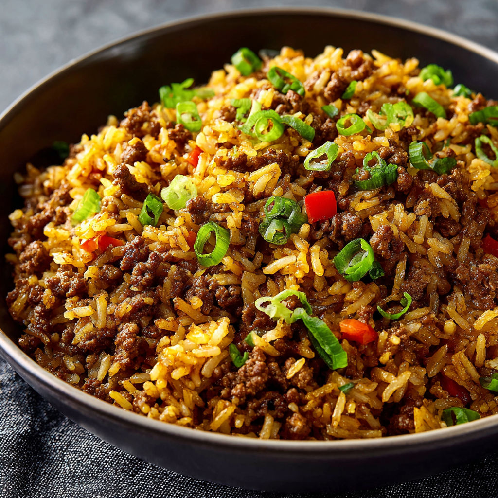 A bowl of beef and rice with green peppers and onions.