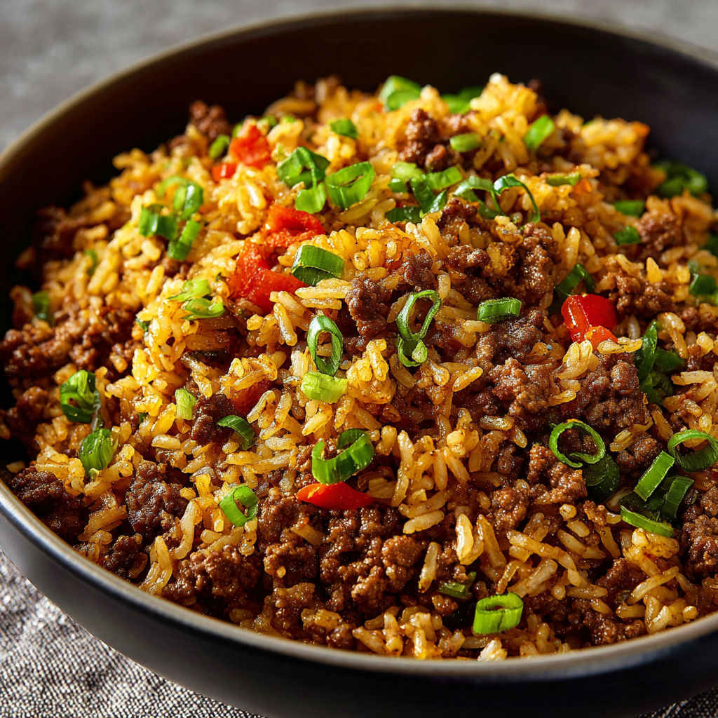 A bowl of Savory Beef Dirty Rice, topped with green onions, is ready to be eaten.