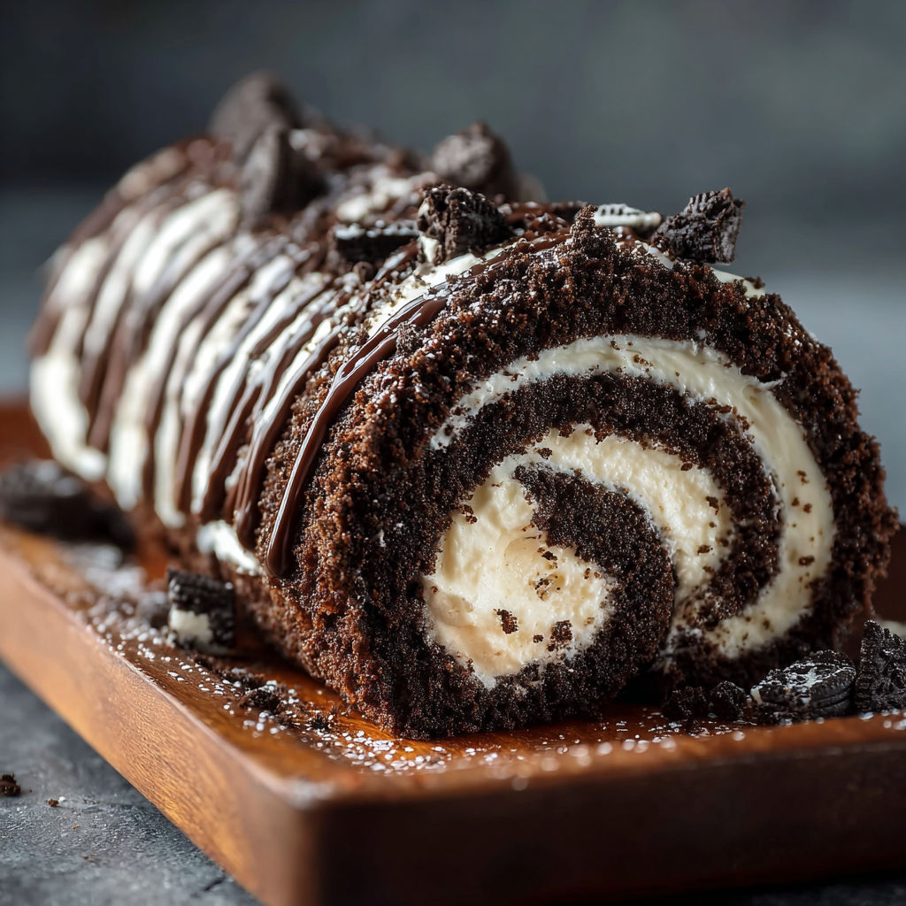 A delicious Oreo Chocolate Roll is displayed on a wooden platter, ready to be enjoyed.