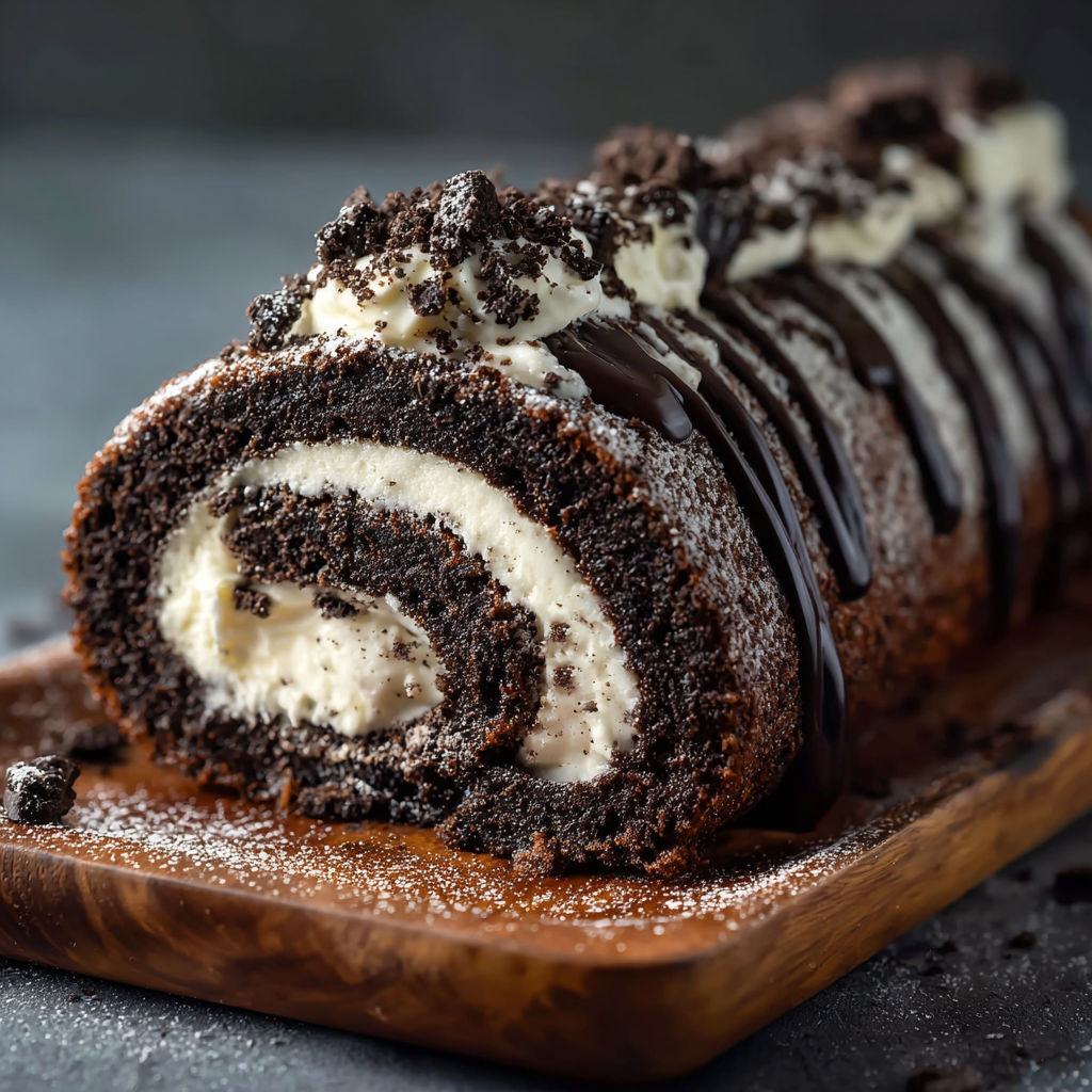 A delicious Oreo Chocolate Roll is displayed on a wooden tray, ready to be enjoyed.
