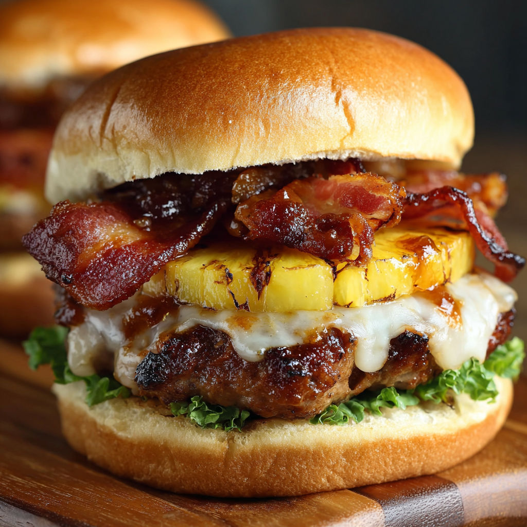 A delicious Pineapple Bacon Burger is served on a wooden table.