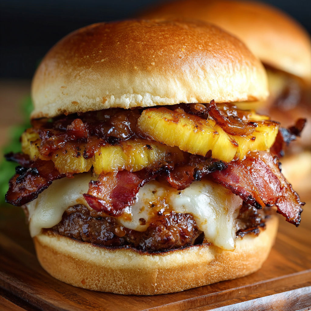 A delicious Pineapple Bacon Burger is served on a wooden table.