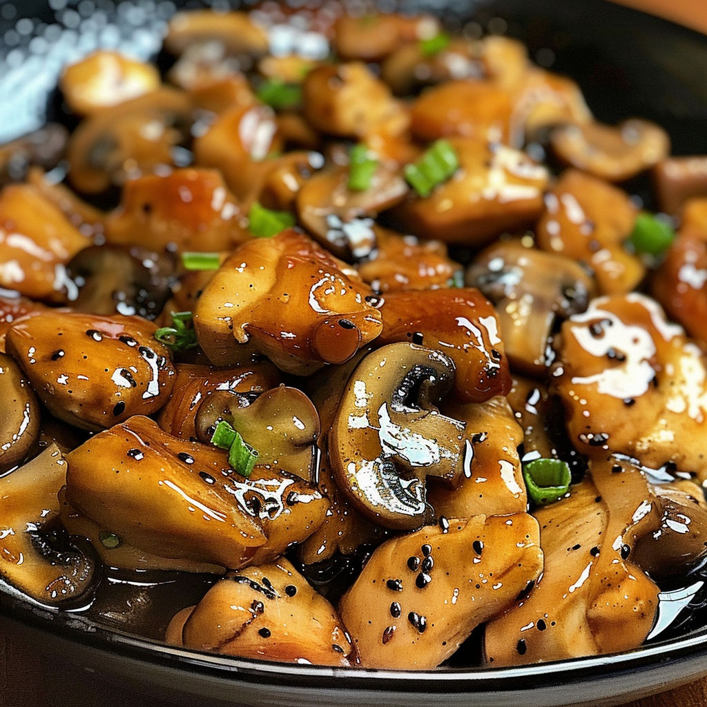 A close up of a plate of mushrooms in a brown sauce, with a recipe name of "Mushroom and Brown Sauce.