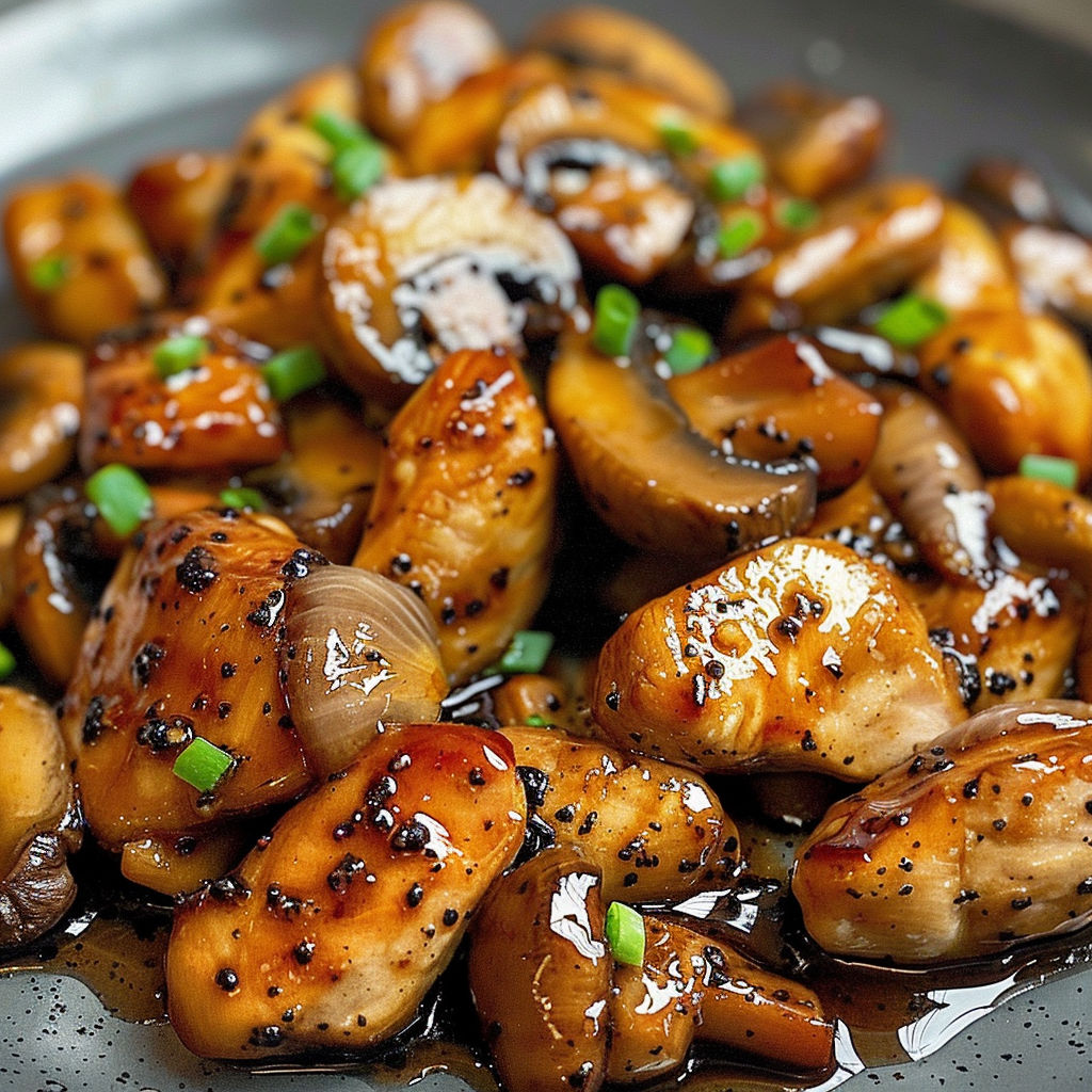 A plate of mushrooms and onions in a brown sauce, possibly a stir fry dish.