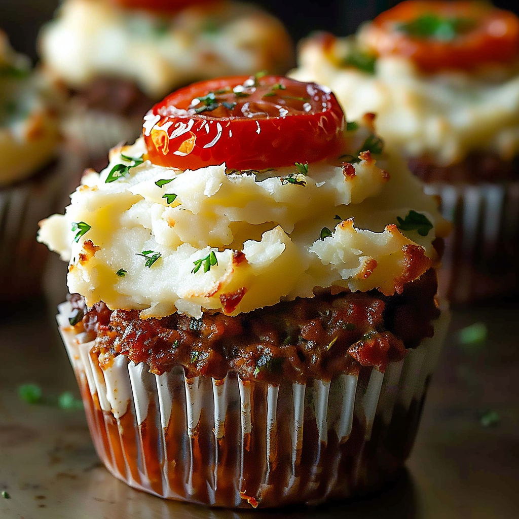 A cupcake with a meatloaf filling and a potato frosting on top.