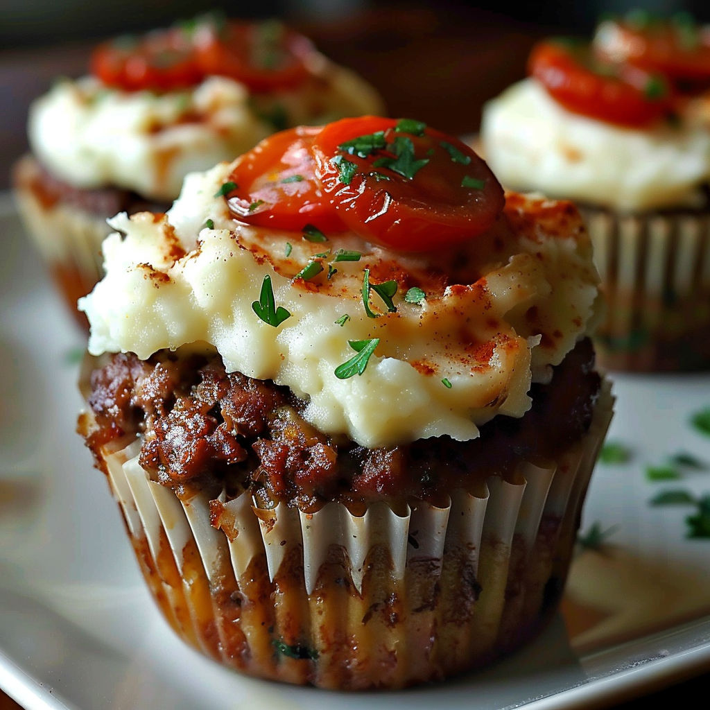 A plate of Meatloaf Cupcakes with Potato Frosting.