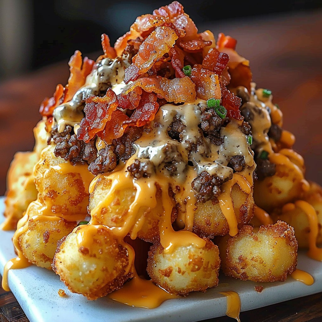 A delicious bacon and cheese covered tater tots recipe.