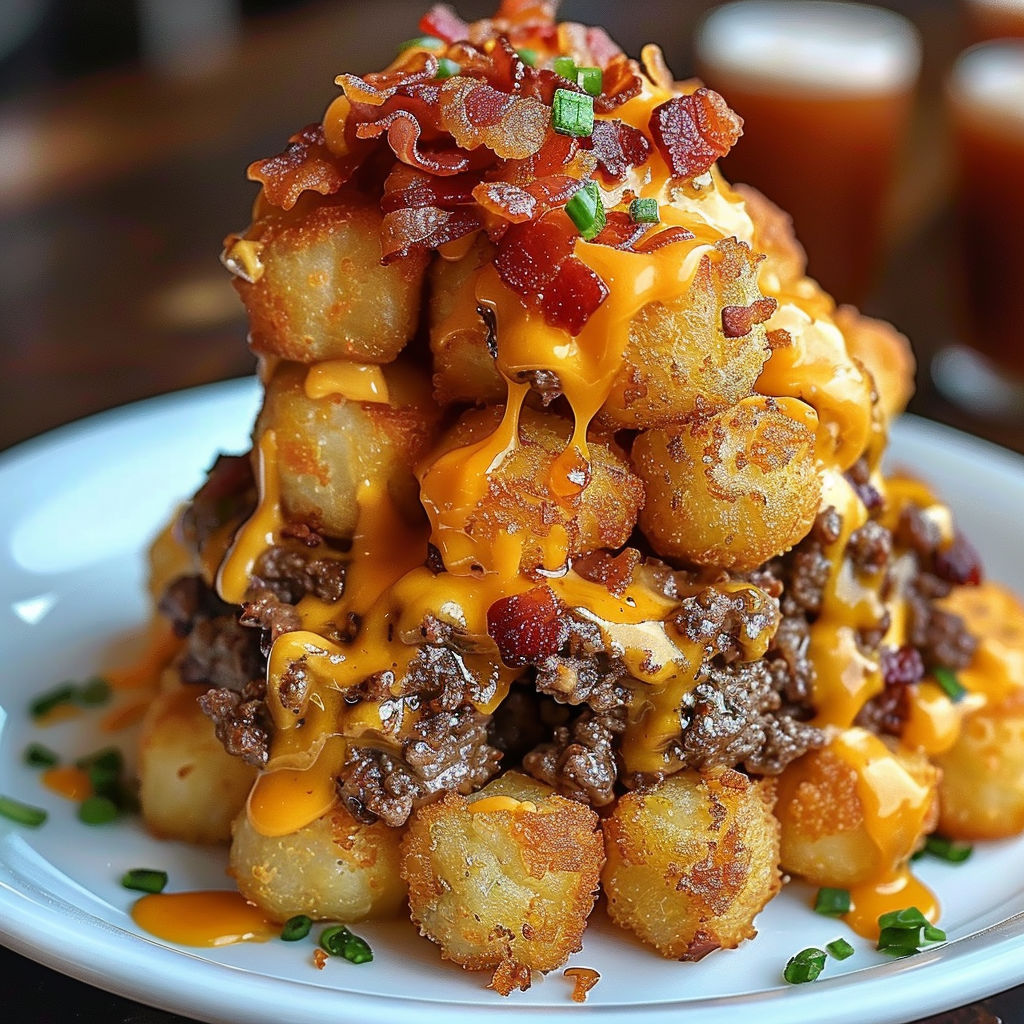 A plate of food with a cheesy bacon topped tater tot on top.