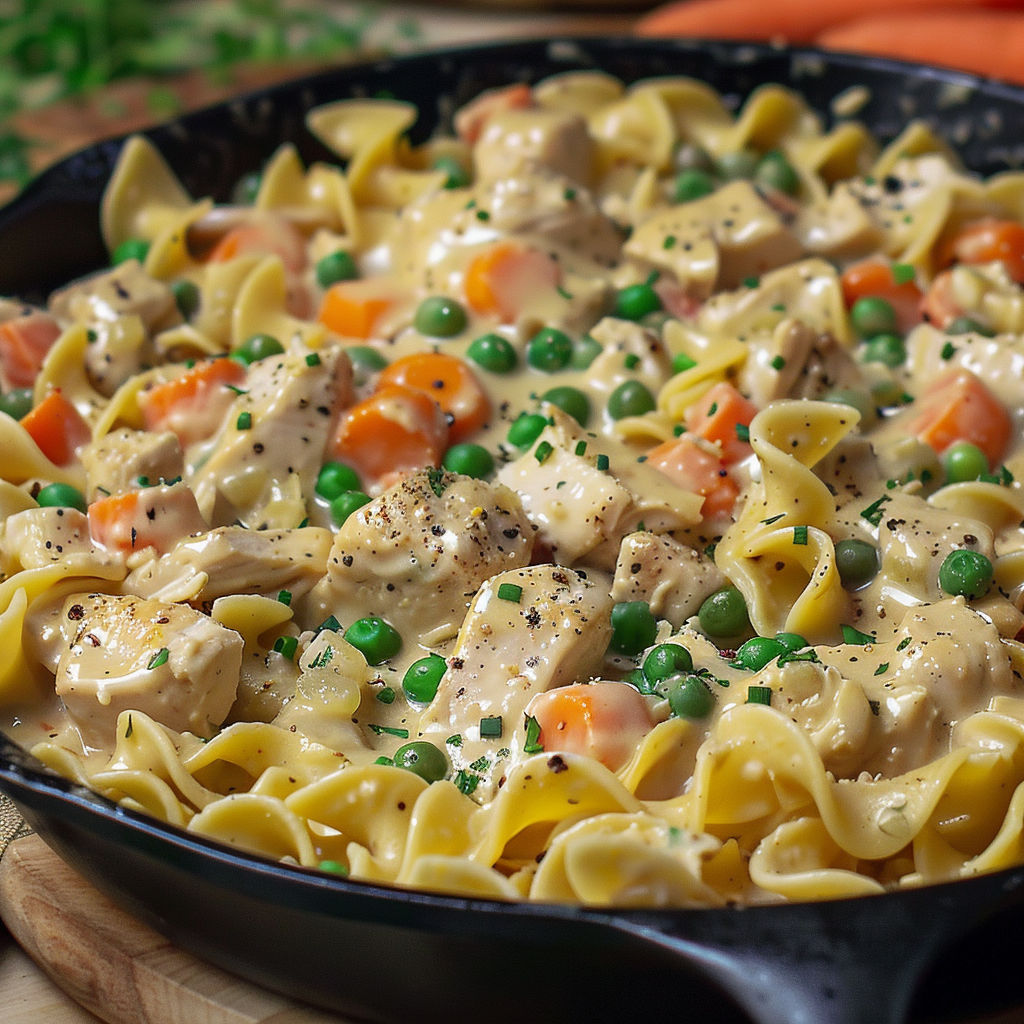 A delicious creamy chicken pot pie pasta dish, filled with chicken, peas, carrots, and pasta, all cooked together in a pan.
