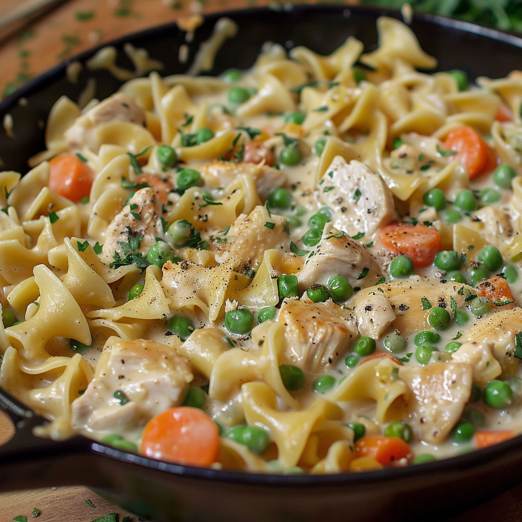 A delicious creamy chicken pot pie pasta dish with a generous amount of chicken and peas.