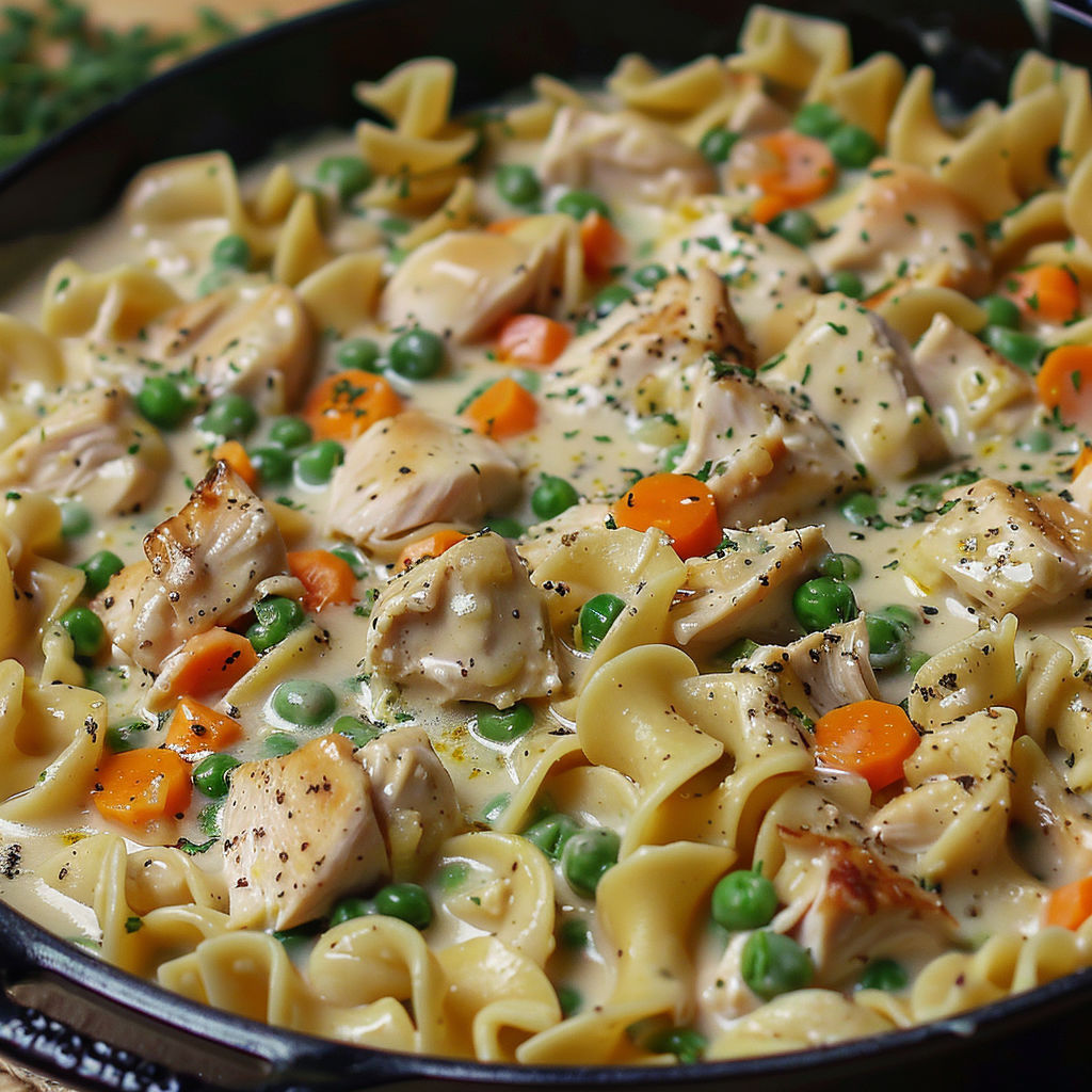 A delicious creamy chicken pot pie pasta dish, filled with chicken, peas, and carrots, is ready to be served.