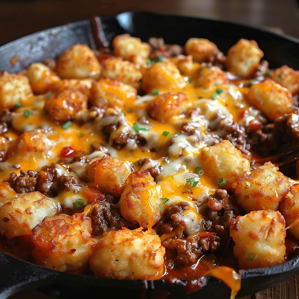 A delicious meal of tater tots and meat in a skillet.
