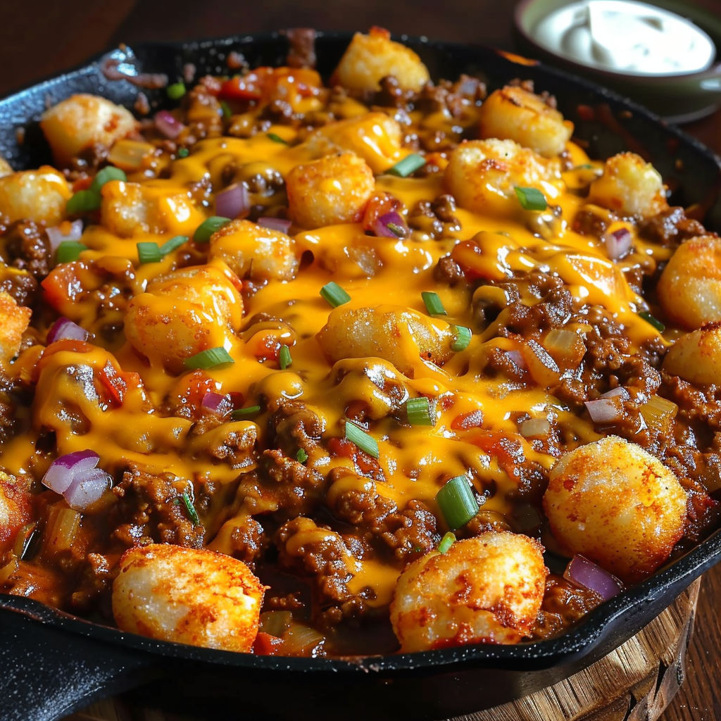 A delicious meal of chili cheese tater tots in a skillet.