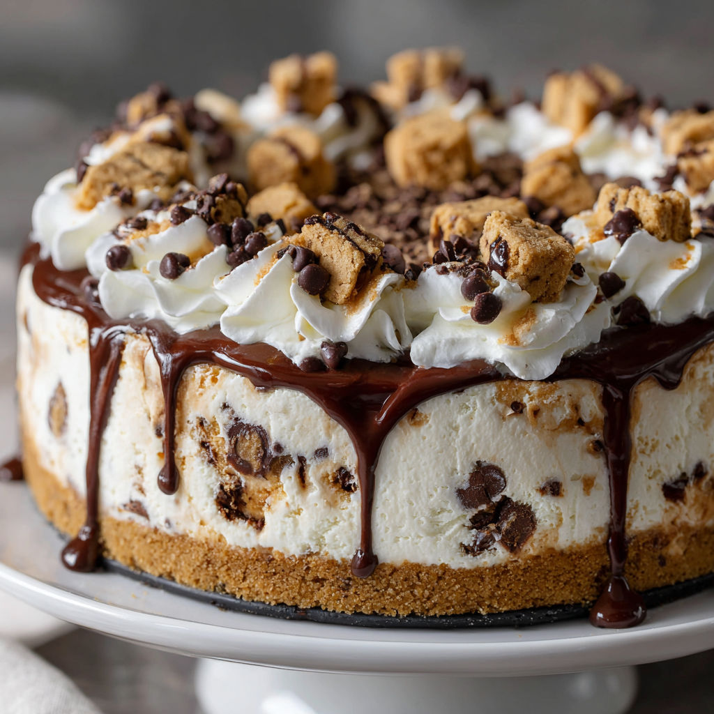 A slice of Chocolate Chip Cookie Dough Ice Cream Cake is drizzled with chocolate sauce and topped with whipped cream.