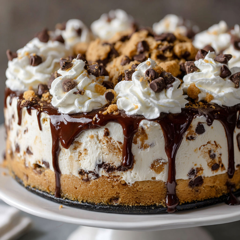 A slice of Chocolate Chip Cookie Dough Ice Cream Cake is displayed on a plate.