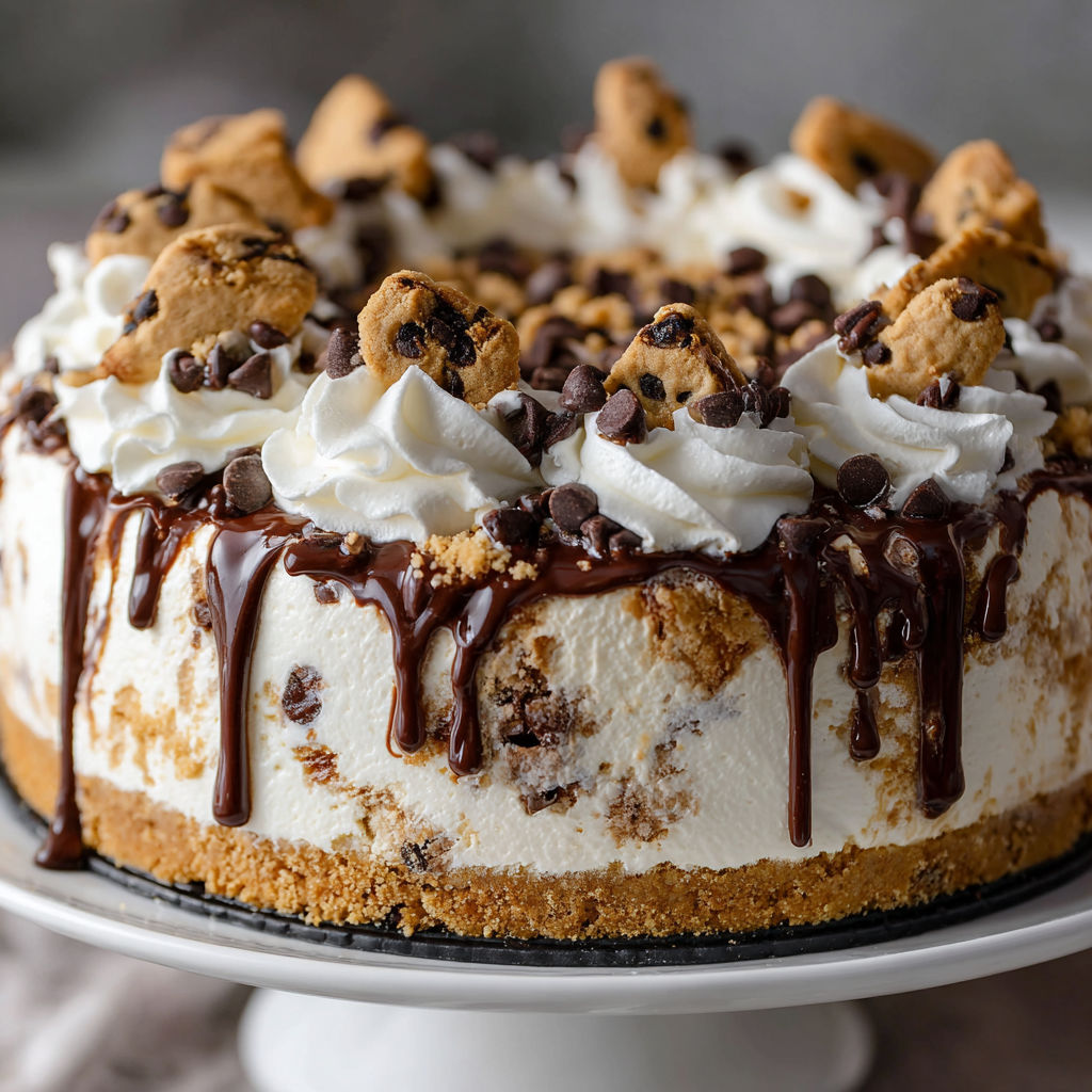 A delicious Chocolate Chip Cookie Dough Ice Cream Cake Recipe is displayed on a plate.