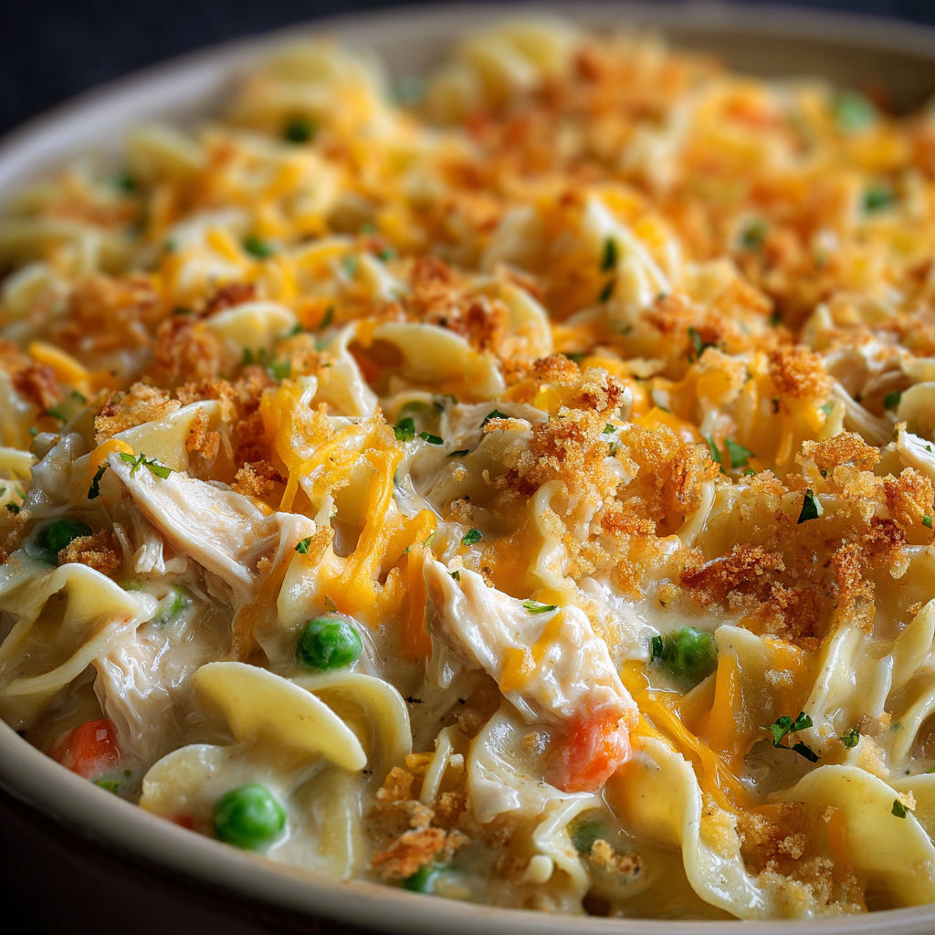 A delicious and easy chicken noodle casserole recipe, loaded with cheese and crispy bacon bits.