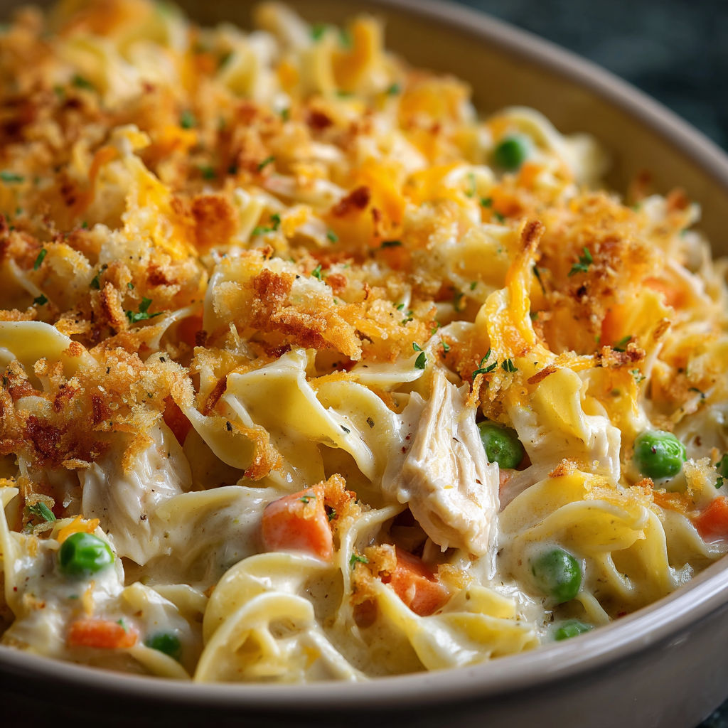 A delicious and easy chicken noodle casserole recipe, ready to be enjoyed in a bowl.
