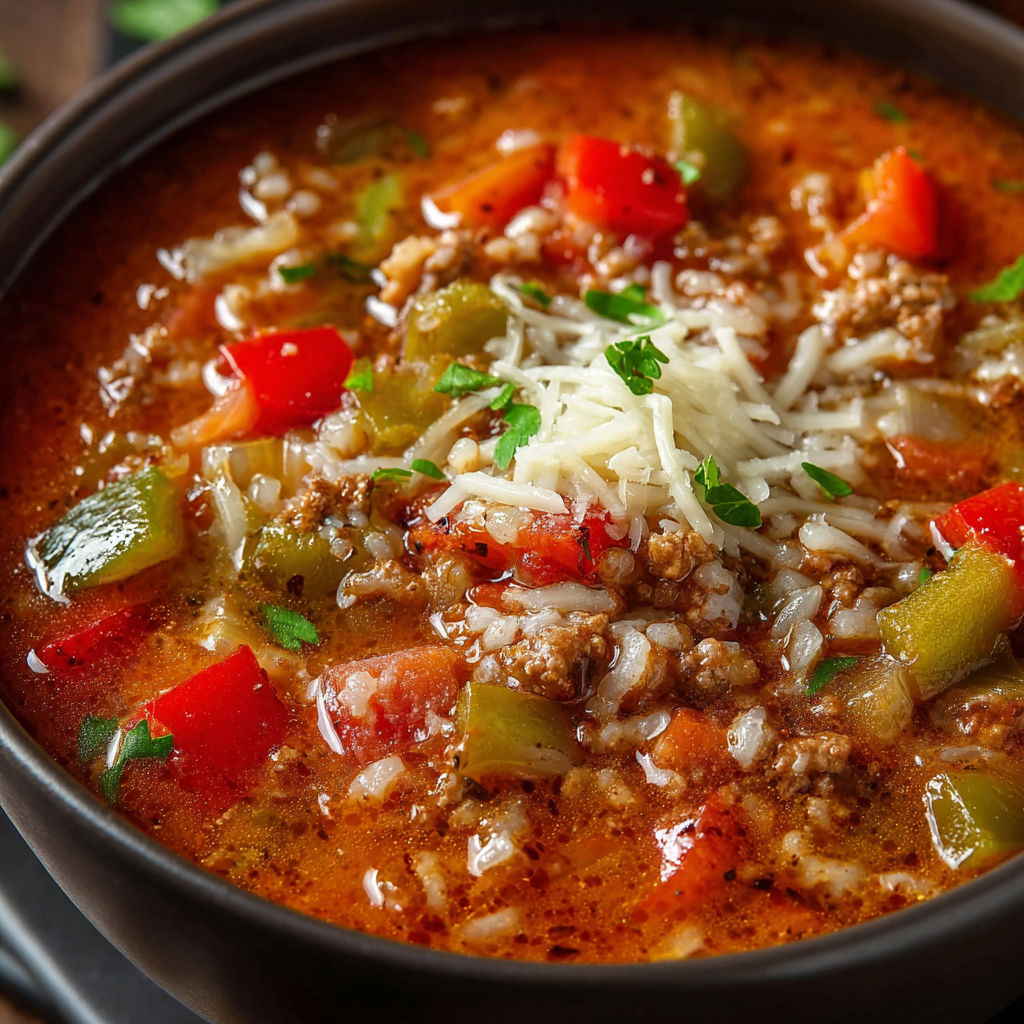 A close-up of a bowl filled with a delicious soup, containing ingredients such as rice, meat, and vegetables.