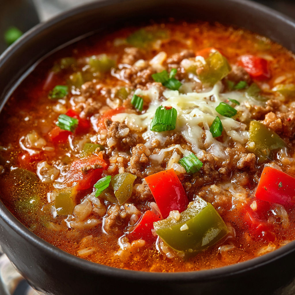 A bowl of soup filled with meat, vegetables, and cheese, including bell peppers and tomatoes.