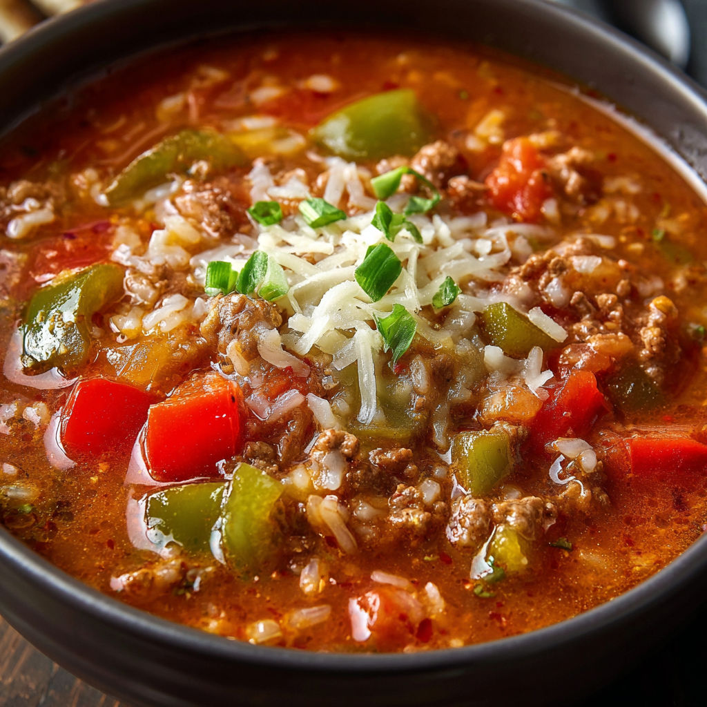 A bowl of soup with a spoon in it, topped with cheese and green peppers.