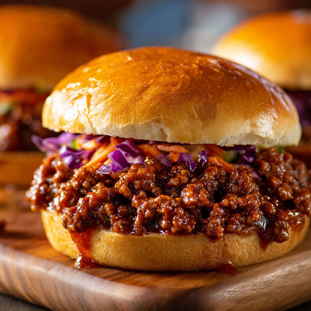 A delicious Dr. Pepper BBQ Sloppy Joes sandwich is served on a wooden platter.