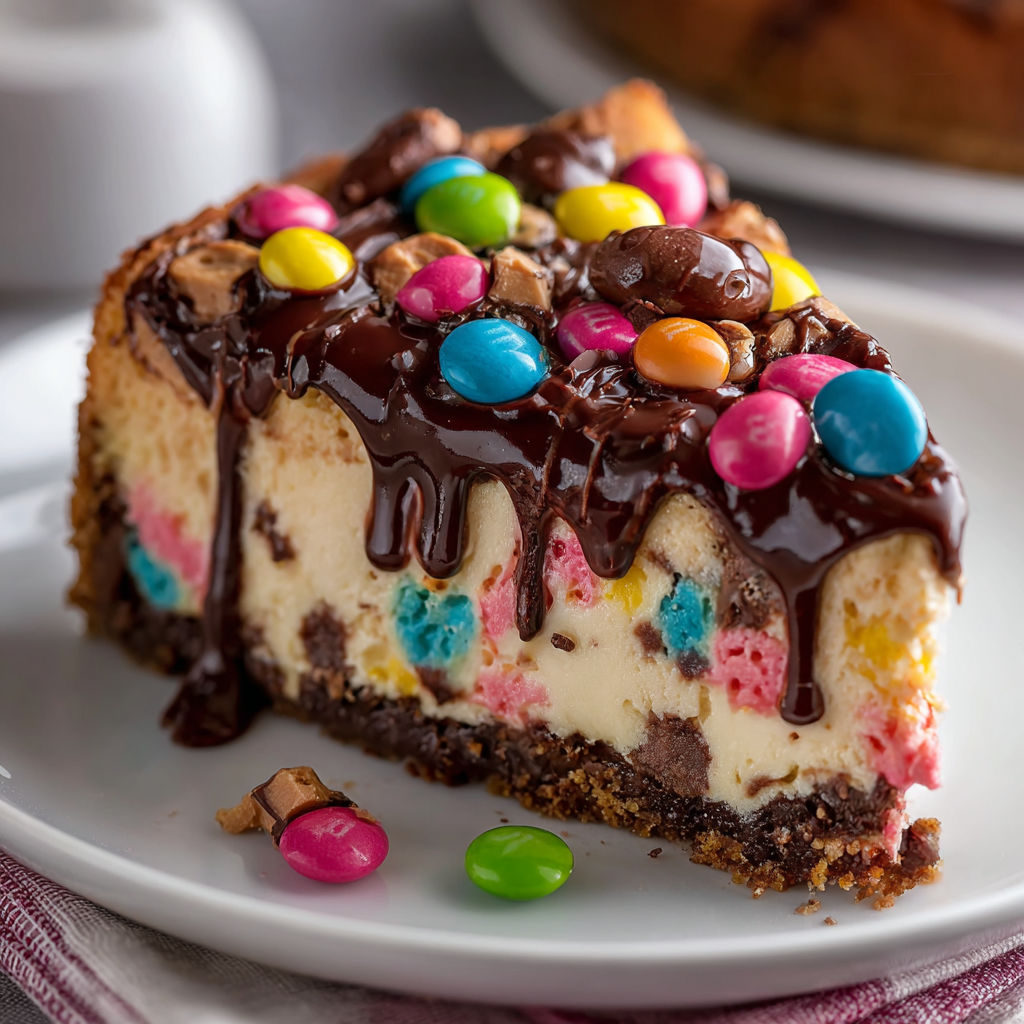 A slice of Pink M&M Snickers Cheesecake with chocolate drizzle and colorful candy toppings.