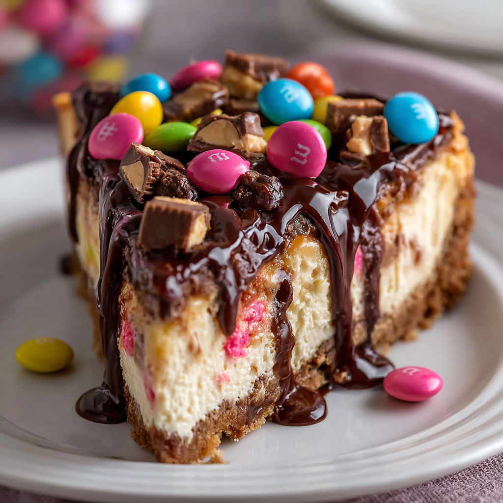 A slice of cake with chocolate and candy toppings.