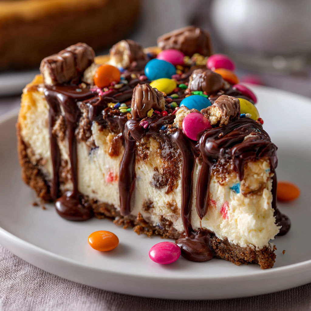 A slice of cake with chocolate and candy toppings.