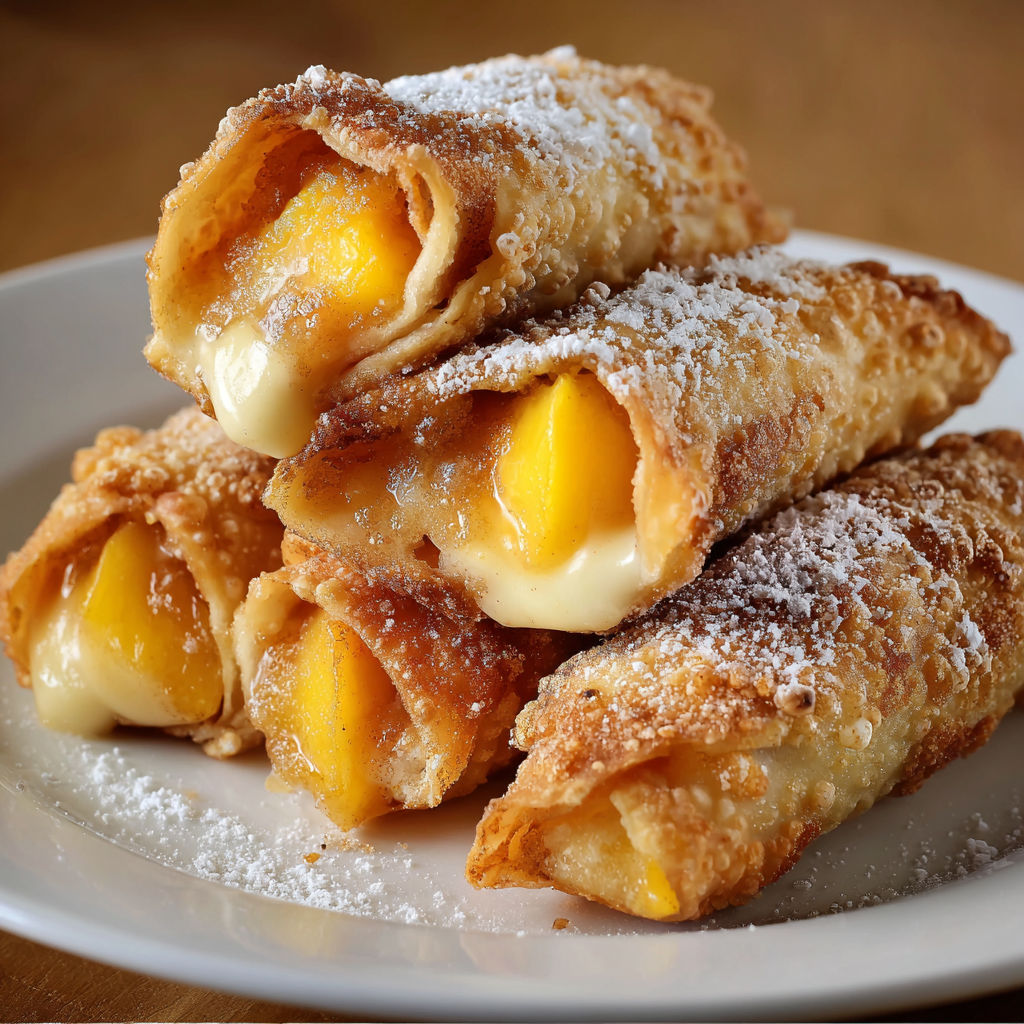 A plate of crepe filled with fruit and powdered sugar.