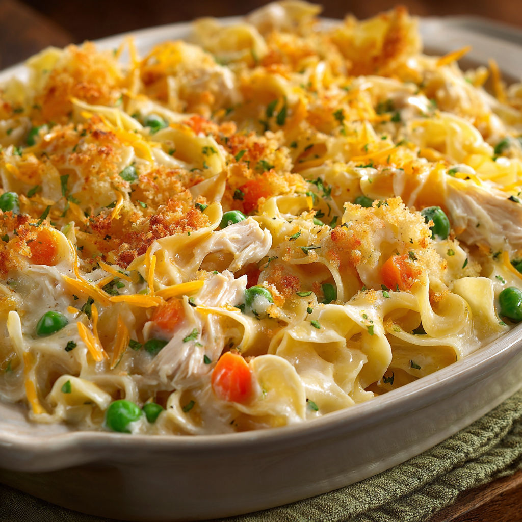 A delicious pasta dish with chicken, peas, and cheese, served in a white bowl.