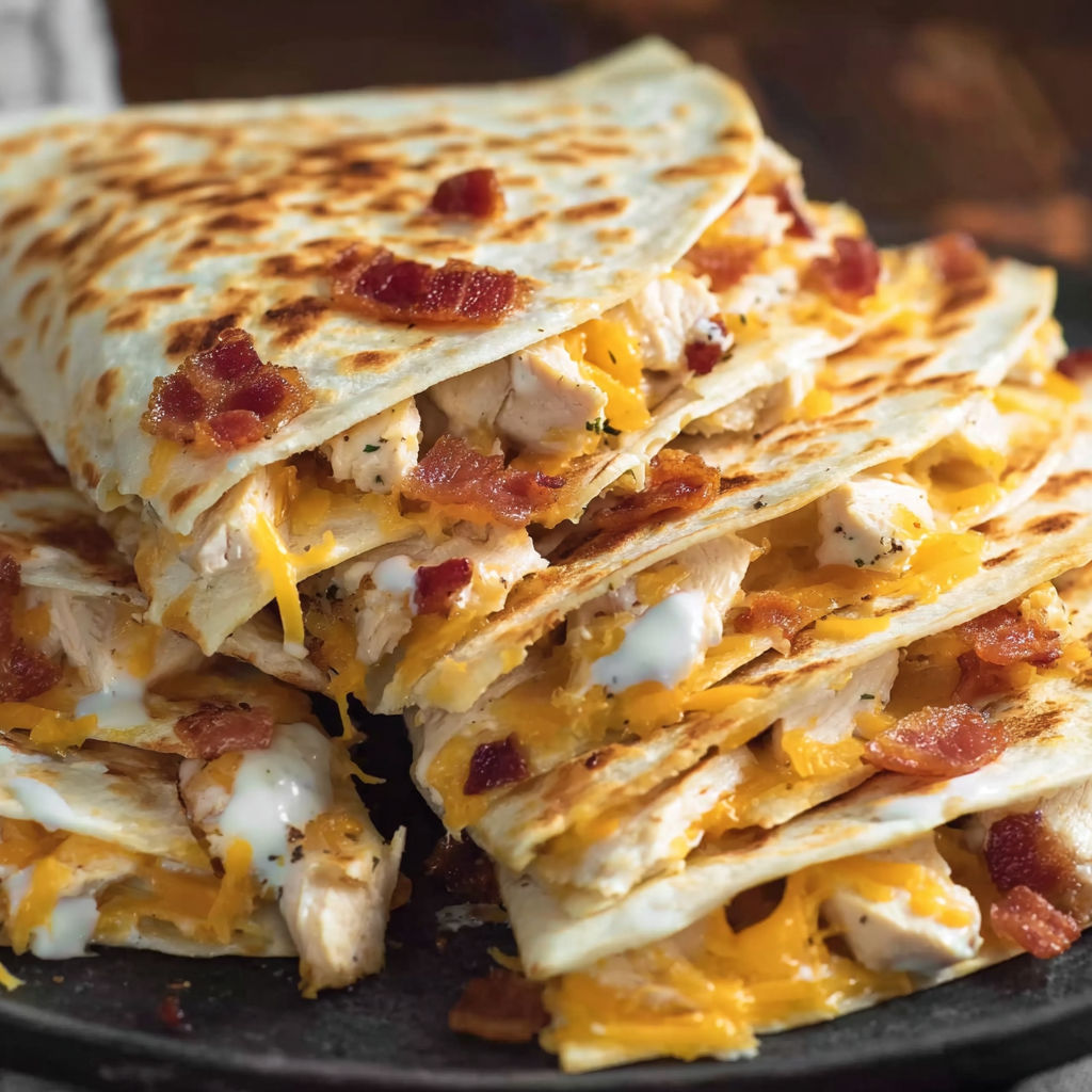A delicious Chicken Bacon Ranch Quesadilla is stacked on a plate.