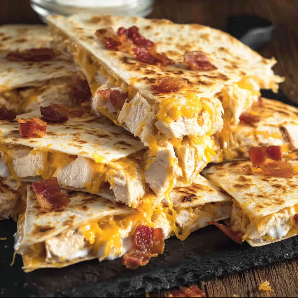 A delicious Chicken Bacon Ranch Quesadilla is served on a plate.