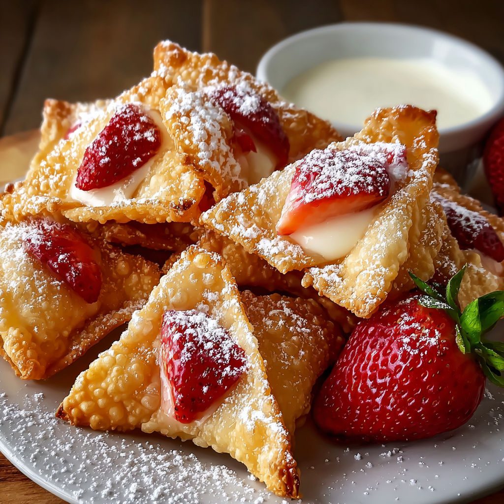 A plate of Strawberry Cheesecake Stuffed Wonton Bites.