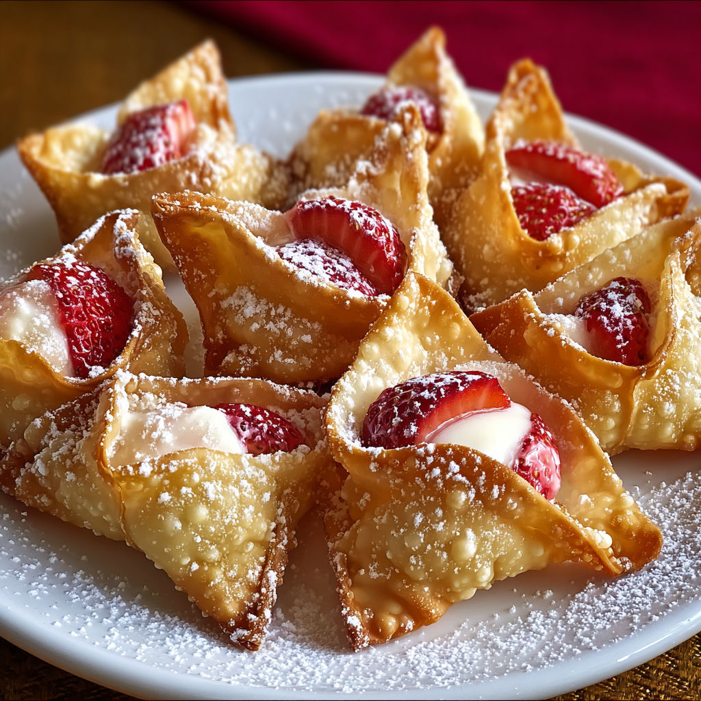 A plate of strawberry cream puffs with powdered sugar on top.