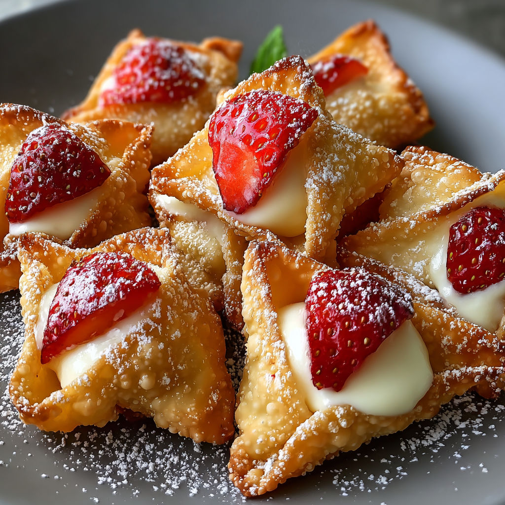 A plate of strawberry cream puffs with powdered sugar on top.