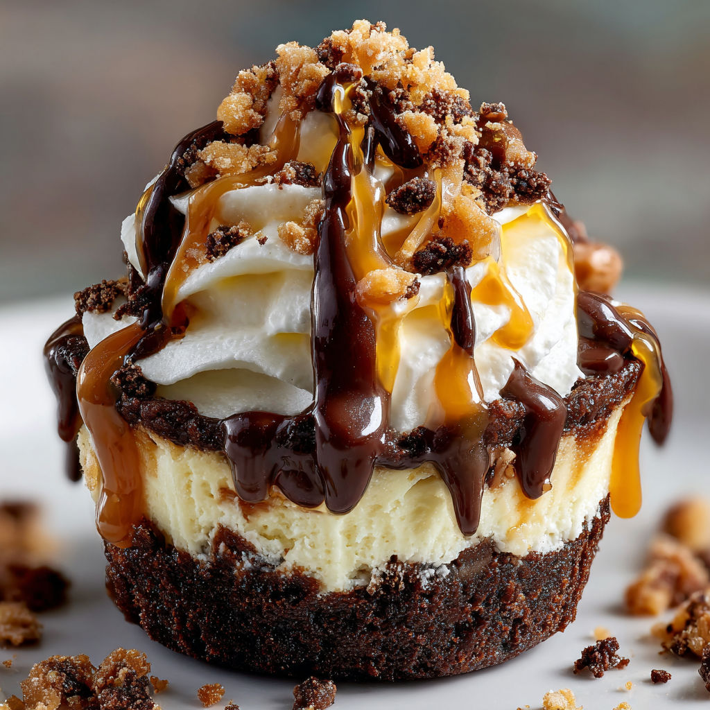 A delicious dessert with a chocolate and caramel sauce, topped with whipped cream and nuts.